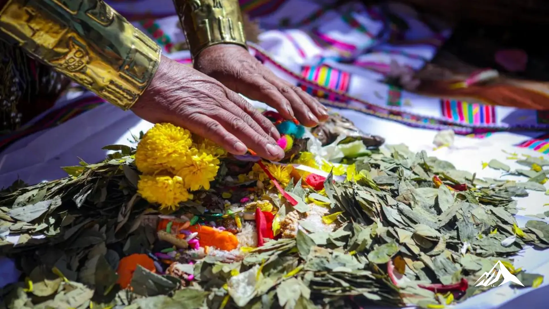 Sacred despacho ceremony prepared with coca leaves, flowers, seeds, and natural offerings as part of an authentic Andean spiritual ritual.