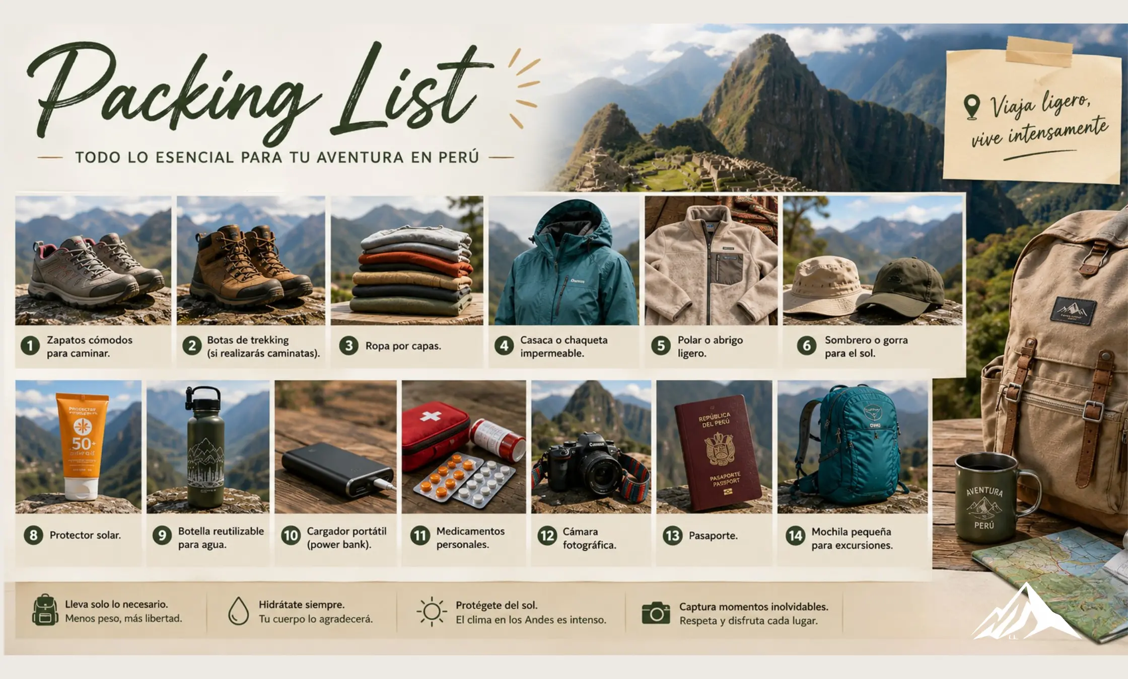 Lista de equipaje con botas de senderismo, ropa en capas, chaqueta impermeable, pasaporte, cámara, botella de agua reutilizable y artículos esenciales de viaje para un viaje a Perú.