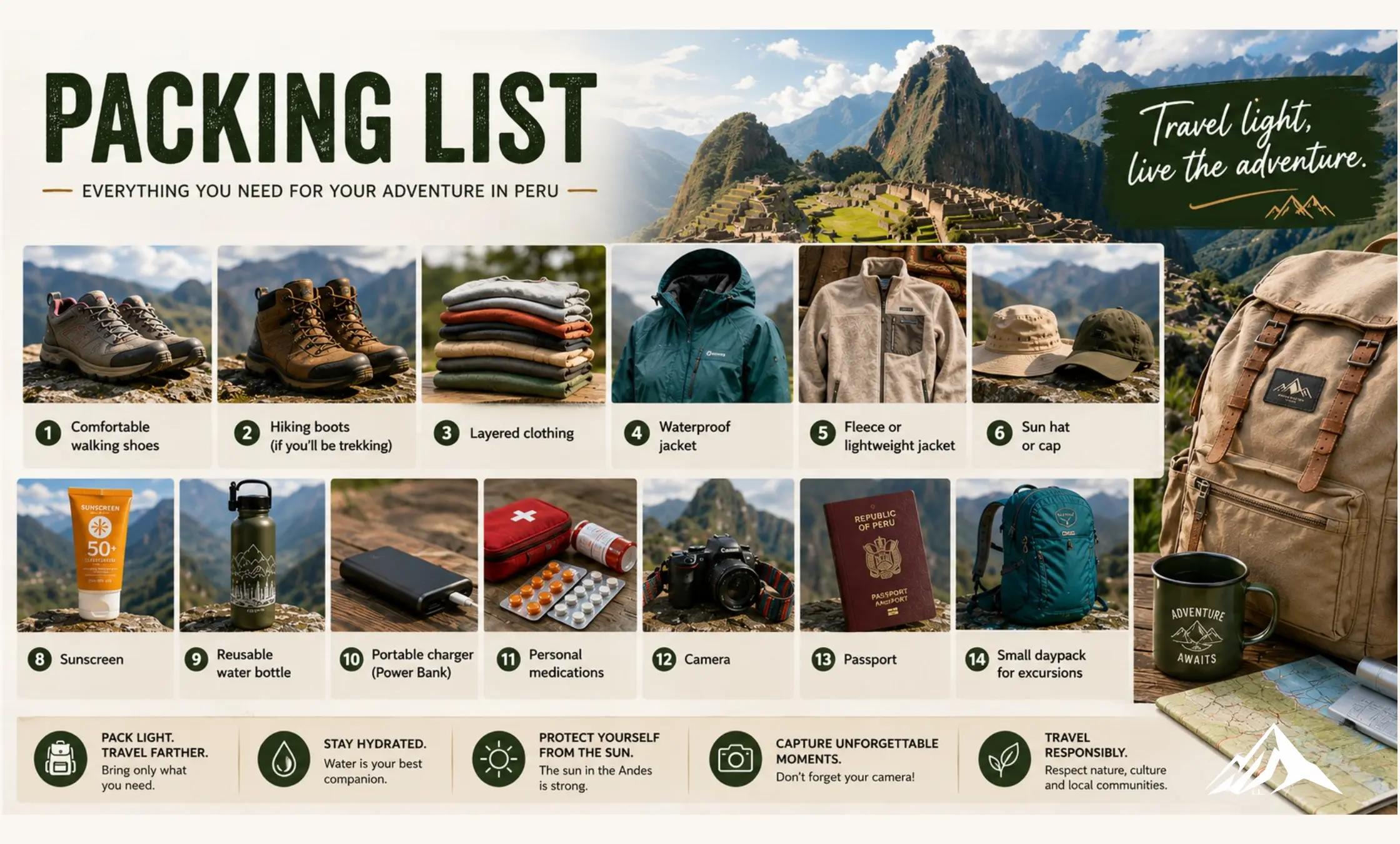 Packing list with hiking boots, layered clothing, waterproof jacket, passport, camera, reusable water bottle, and travel essentials for a trip to Peru.