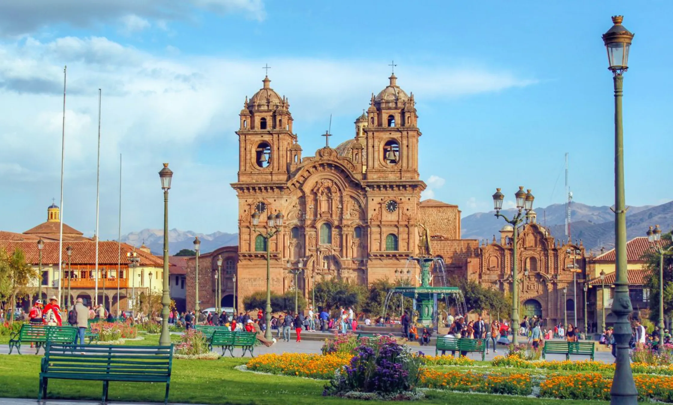 Plaza de Armas of Cusco, Peru, surrounded by colonial architecture and the historic Cusco Cathedral